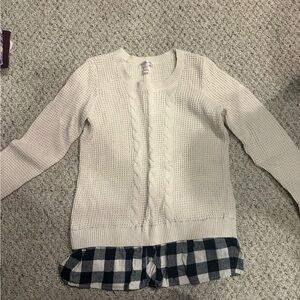 Maternity Cream Cable Knit Sweater with Black & White Plaid Hem